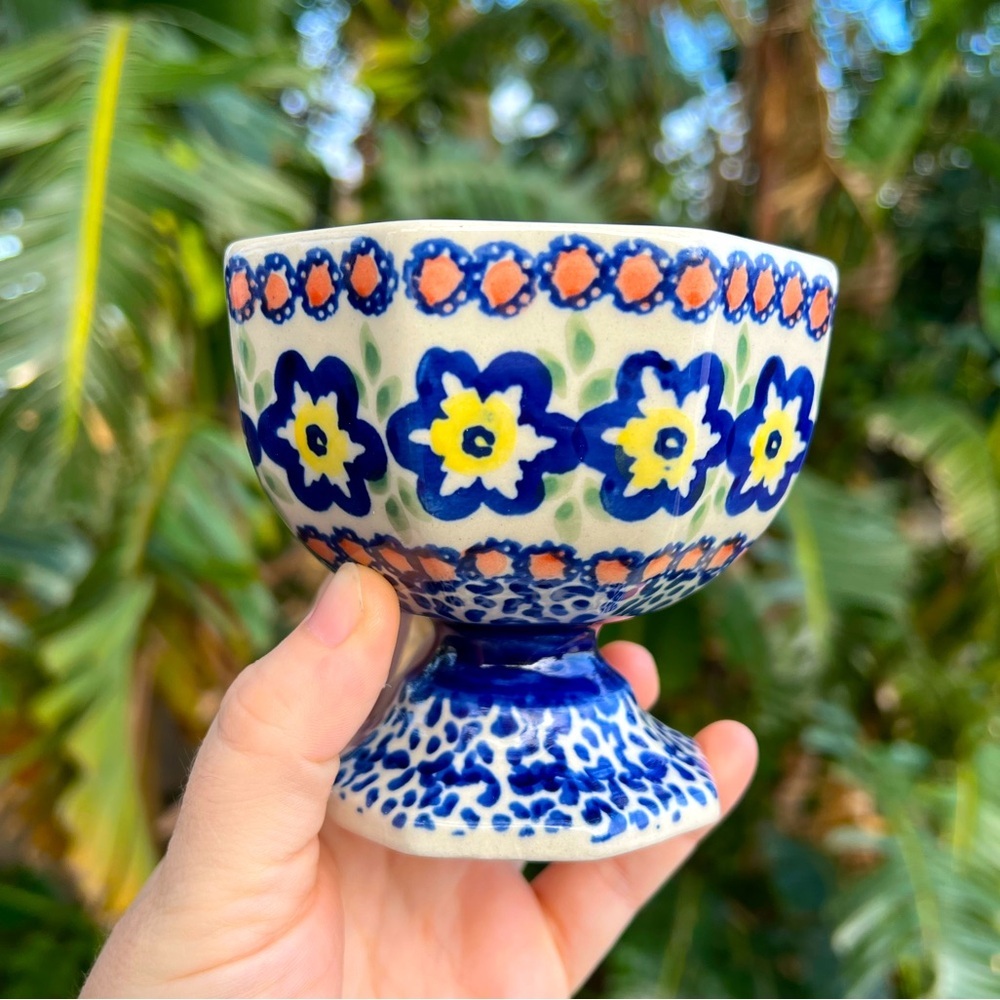 Handmade Polish Pottery Pedestal Dish - Manufaktura Bolesławiec, Floral Design